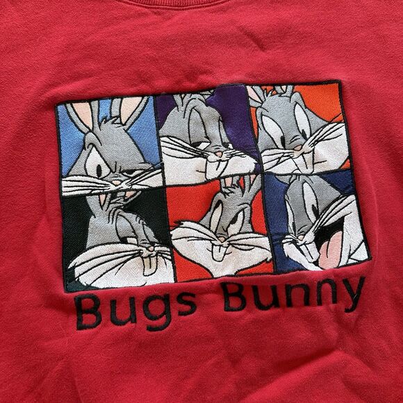 Vintage Looney Tunes Sweater‎ Mens XL Bugs Bunny Crewneck 90s Red Fleece - Picture 5 of 5